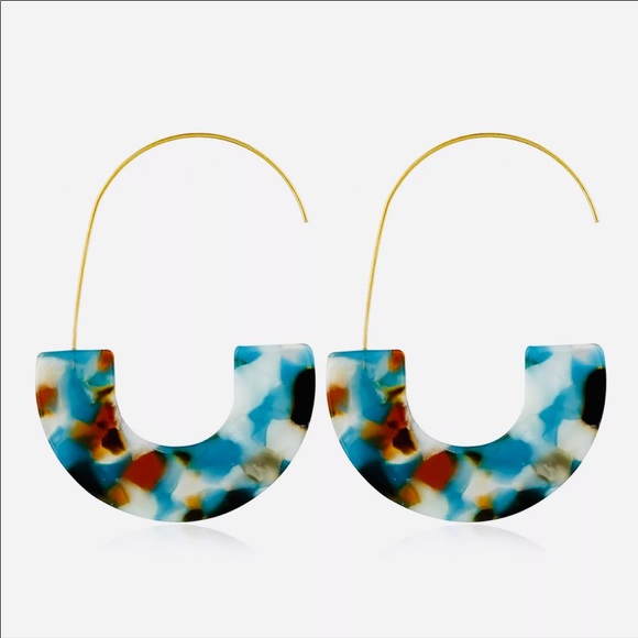Maryn Resin Crescent Hoop Earrings in Blue Tortoise - Picture 2 of 2